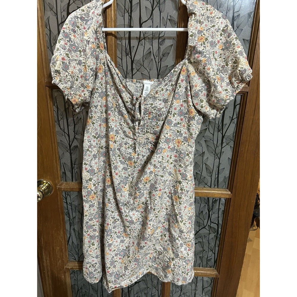 H&M Linen Blend Smocked Babydoll Puff Sleeve Floral Dress Lightweight XL